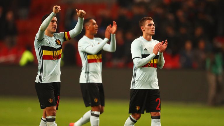 AMSTERDAM, NETHERLANDS - NOVEMBER 09:  Thorgan Hazard and Eden Hazard of Belgium (L) applaud the travelling fans after the international friendly match bet
