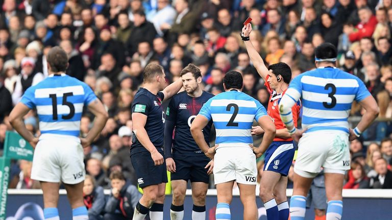 NOVEMBER 26 2016:  Elliot Daly of England is shown a red card during the Old Mutual Wealth Series match between England and Argentina at Twickenham