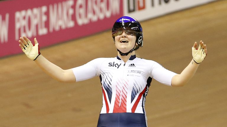 Great Britain's Emily Kay celebrates winning the Women's Omnium during day three of the UCI Track Cycling World Cup at the Sir Chris Hoy Velodrome, Glasgow