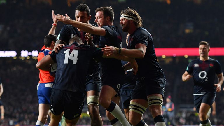 Jonny May celebrates his try against Argentina with his England team-mates