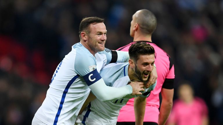 LONDON, ENGLAND - NOVEMBER 11:  Adam Lallana of England (11) celebrates with Wayne Rooney as he scores their second goal during the FIFA 2018 World Cup qua