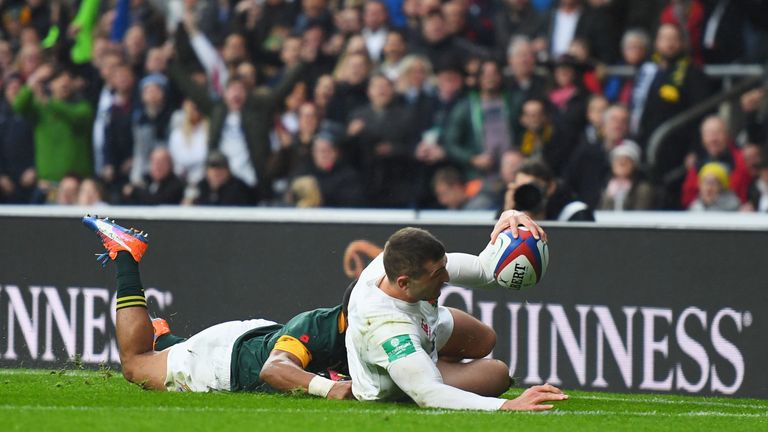 LONDON, ENGLAND - NOVEMBER 12:  Jonny May of England grounds the ball to score the first try during the Old Mutual Wealth Series match between England and 