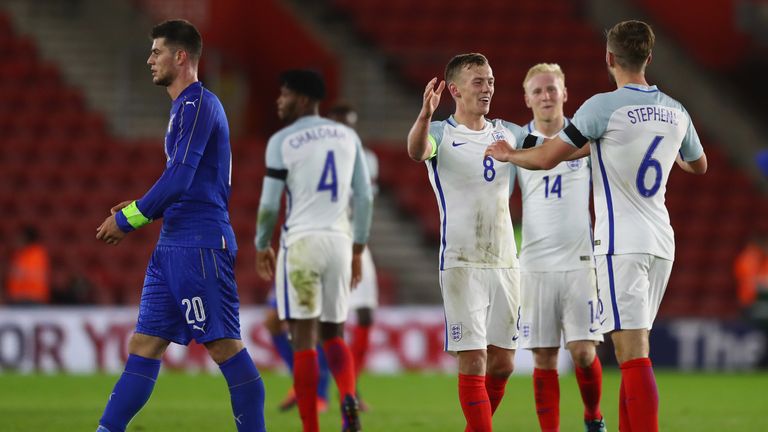 SOUTHAMPTON, ENGLAND - NOVEMBER 10:  James Ward -Prowse (C) of England celebrates with match winning goalscorerJack Stephens (R) at the final whistle durin