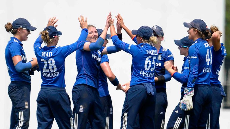 Beth Langston celebrates her first wicket for England Women