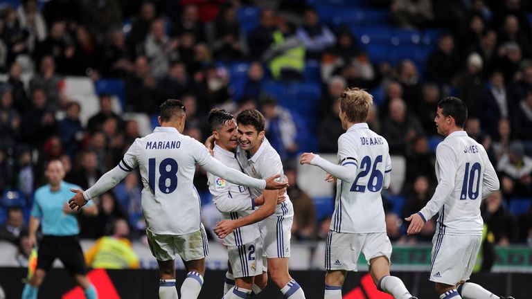 Enzo Zidane is congratulated by team-mates after scoring on his senior debut for Real Madrid