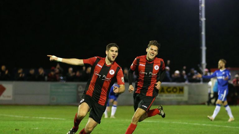 Brackley Town's James Armson (left) celebrates after scoring