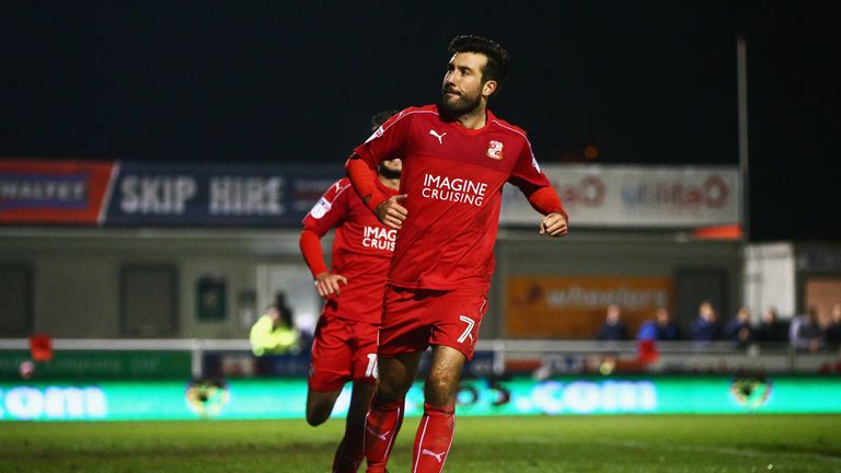 Michael Doughty of Swindon Town (7) celebrates as he scores their first and equalising goal from the penalty spot