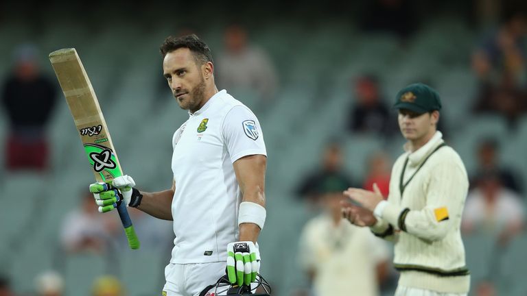 Faf du Plessis of South Africa celebrates after scoring a century during day one of the third Test match between Austra