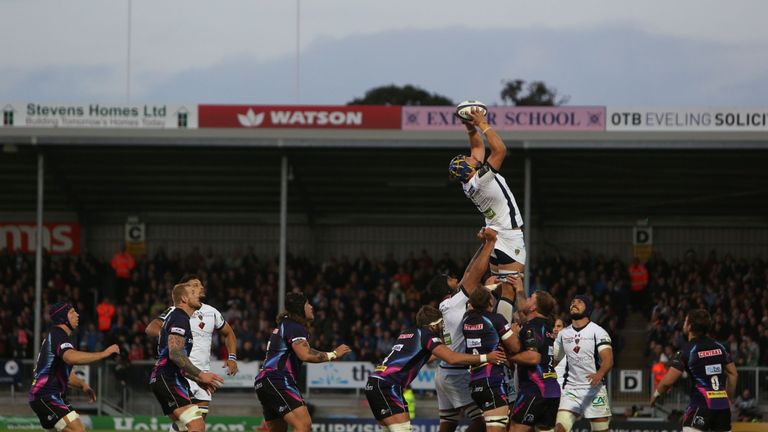 Clermont's lock Flip van der Merwe catches a lineout ball during the European Champions Cup rugby union match between Exeter Chiefs and Clermont