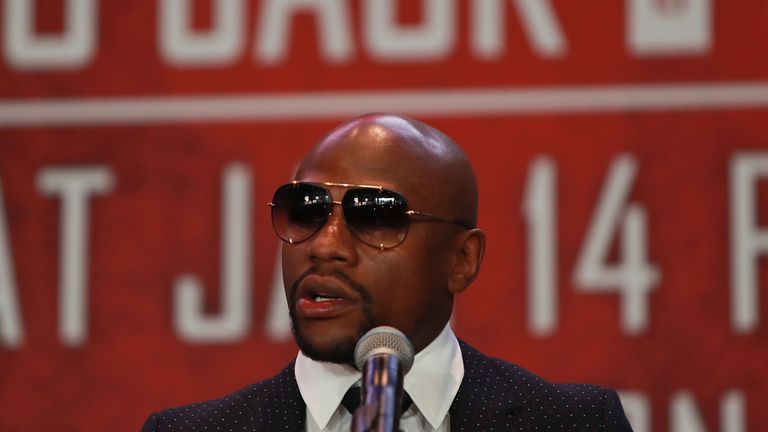President of Mayweather Promotions Floyd Mayweather addresses the crowd during the press conference announcing the Badou Jack 