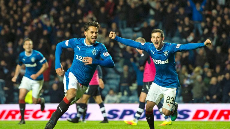 Rangers' Harry Forrester celebrates his late goal with Jason Holt