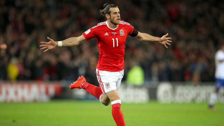 Wales' Gareth Bale celebrates scoring his side's first goal of the game during the 2018 FIFA World Cup Qualifying, Group D match at the Cardiff City Stadiu