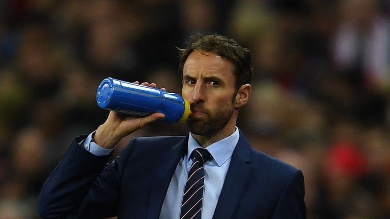LONDON, ENGLAND - NOVEMBER 15:  Gareth Southgate interim manager of England takes a drink during the international friendly match between England and Spain