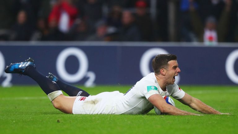 George Ford celebrates scoring England's third try