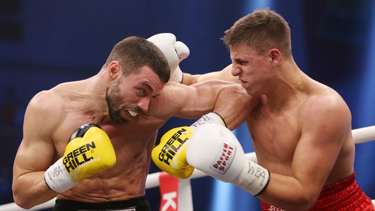 Tyron Zeuge (right) on his way to victory over Giovanni De Carolis and the WBA World super middleweight title