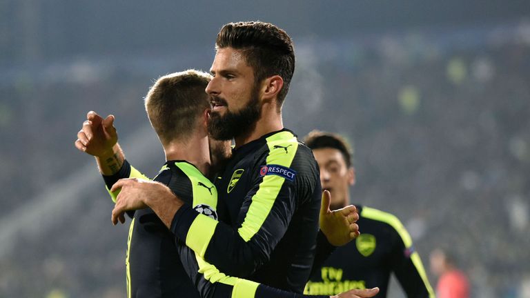 Arsenal's French forward Olivier Giroud celebrates after scoring a goal during the UEFA Champions League Group A football match between PFC Ludogorets and 