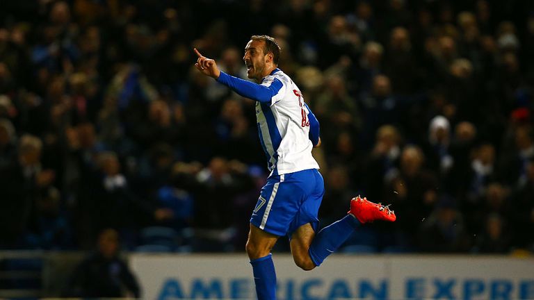 Glenn Murray of Brighton & Hove Albion celebrates scoring his team's first goal during the Sky Bet Championship