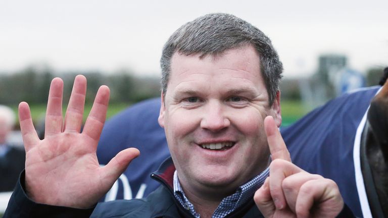 Trainer Gordon Elliot celebrates his sixth winner on the day at Navan on November 27, 2016.