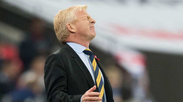 Gordon Strachan winces as a chance goes begging at Wembley