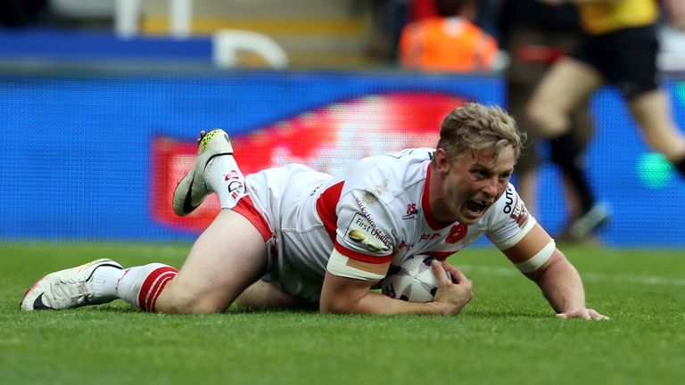 NEWCASTLE UPON TYNE, ENGLAND - MAY 22:  Graeme Horne of Hull KR scores a try during the First Utility Super League match between Hull FC and Hull KR at St 