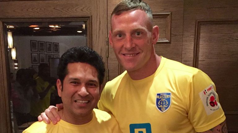 Graham Stack with Indian cricket legend and Kerala Blasters co-owner Sachin Tendulkar