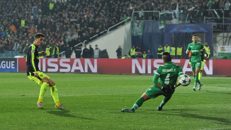 Granit Xhaka scores Arsenal's first goal during the UEFA Champions League match between PFC Ludogorets Razgrad and Arsenal FC