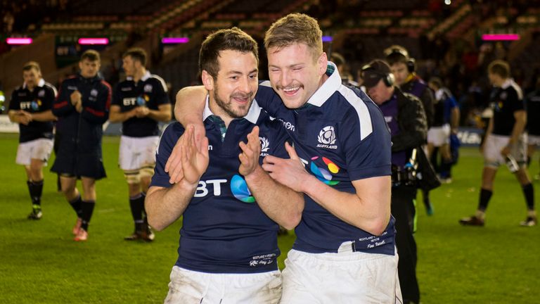 Scotland's Greig Laidlaw with Finn Russell at full-time at Murrayfield