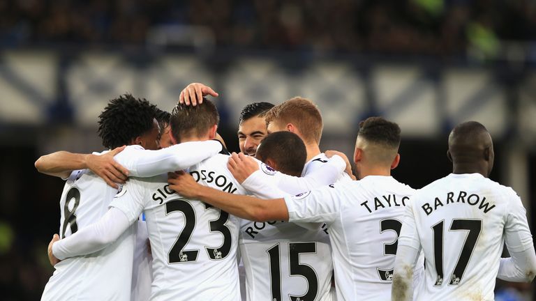Gylfi Sigurdsson celebrates giving Swansea the lead against Everton