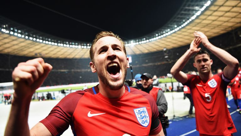 Harry Kane celebrates England's 3-2 win over Germany in Berlin
