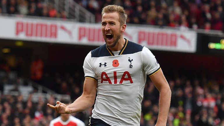 Tottenham striker Harry Kane celebrates after equalising against Arsenal