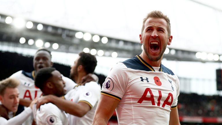 Tottenham striker Harry Kane celebrates after equalising against Arsenal