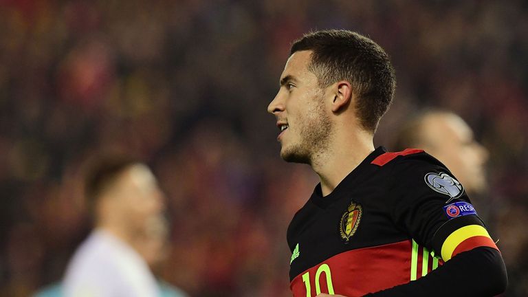 Belgium's Eden Hazard celebrates after scoring