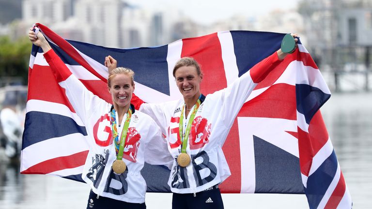 RIO DE JANEIRO, BRAZIL - AUGUST 12:  Gold medalists Helen Glover (L) and Heather Stanning (R) of Great Britain pose for photographs