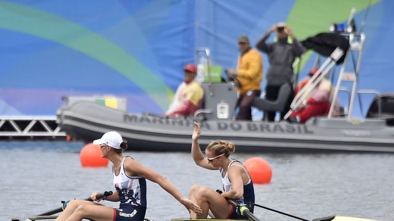 Britain's Heather Stanning (L) and Britain's Helen Glover celebrate after winning the Women's Pair final rowing at Rio 2016