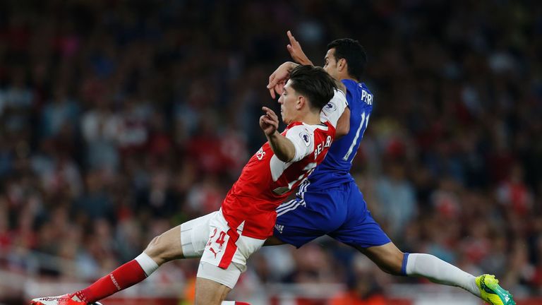Bellerin tackles Chelsea's Pedro during Arsenal's 3-0 win at the Emirates Stadium