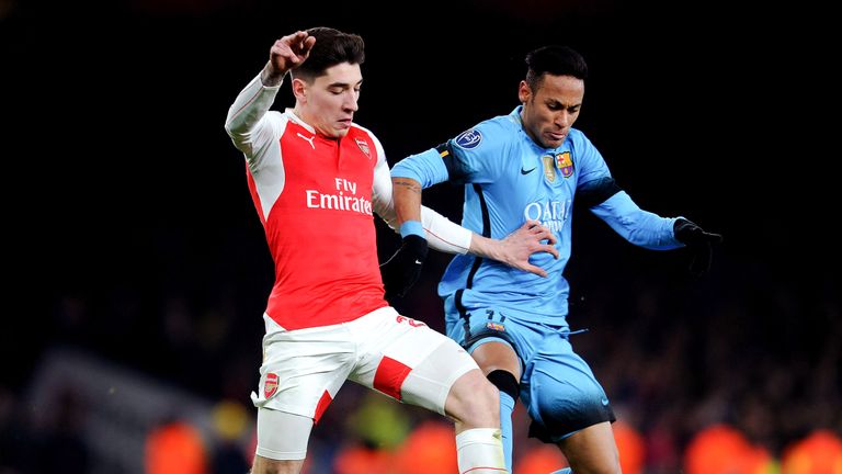 Hector Bellerin takes on Neymar during the Champions League Round of 16, 1st leg at the Emirates Stadium