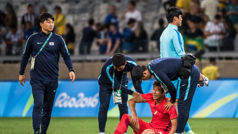 South Korea player Son Heungmin reacts after his team lost the Rio 2016 Olympic Games quarterfinal men's football match Republic of Korea vs Honduras at th