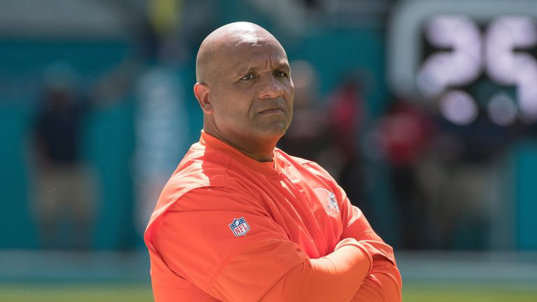 MIAMI GARDENS, FL - SEPTEMBER 25: Head Coach Hue Jackson of the Cleveland Browns watches his team warm up before the start of the game against the Clevelan