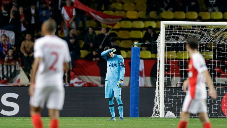 Tottenham's goalkeeper Hugo Lloris shows his dejection against Monaco