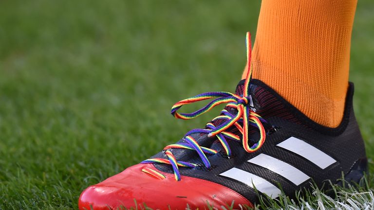 A Hull City player sports the rainbow laces in the game against West Bromwich Albion