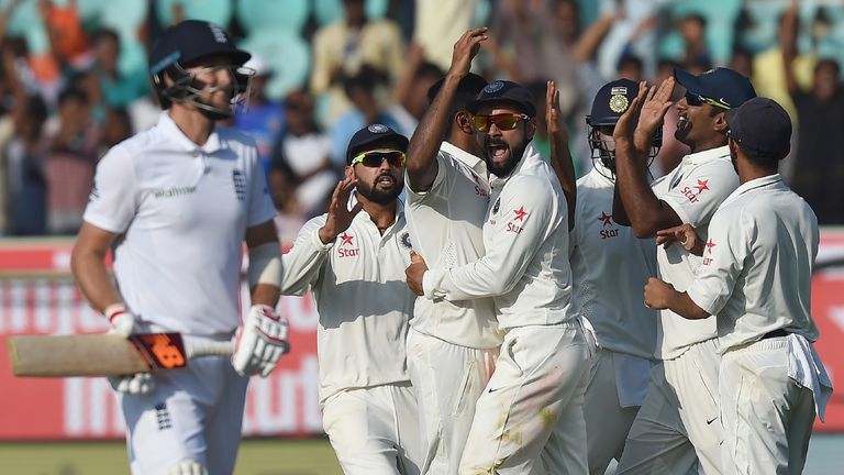 India celebrate the wicket of Joe Root on day two of the second Test (Credit: AFP)