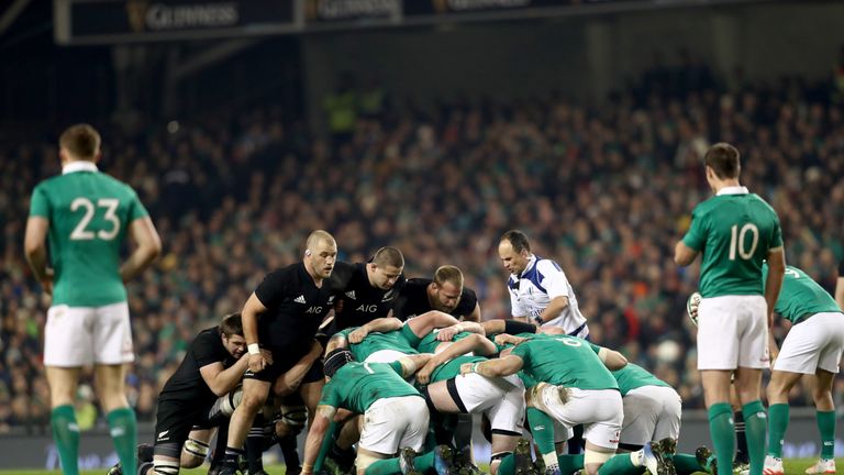 DUBLIN, IRELAND - NOVEMBER 19: Owen Franks, Dane Coles and Joe Moody of the All Blacks pack down for a scrum  during the international rugby match between 