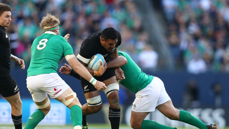 CHICAGO, IL - NOVEMBER 05:  Jerome Kaino of New Zealand is tackled by Jamie Heaslip of Ireland during the international match between Ireland and New Zeala