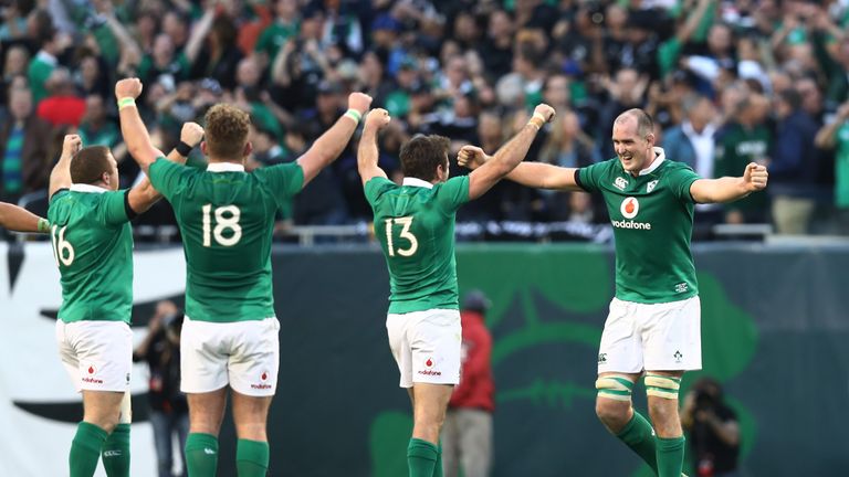 CHICAGO, IL - NOVEMBER 05:  Ireland players celebrate their 40-29 victory as the final whistle blows during the international match between Ireland and New