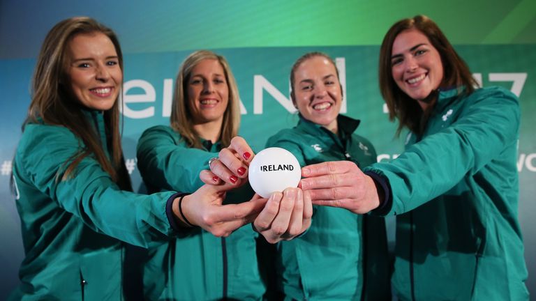 Ireland players (from left) Clare McLaughlin, Alison Miller, Niamh Briggs and Nora Stapleton following the 2017 Women's Rugby World Cup pool draw
