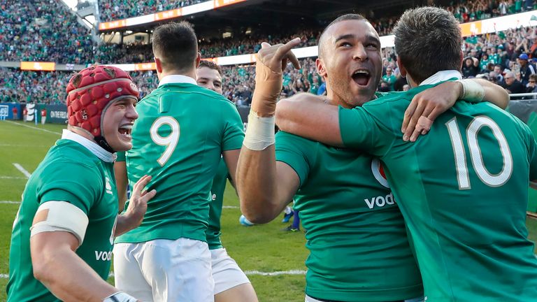 Ireland's Simon Zebo celebrates with Johnny Sexton