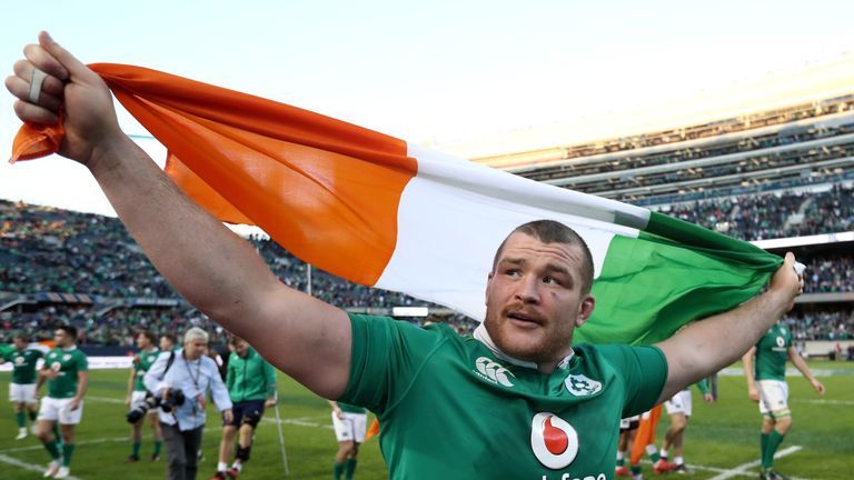 Jack McGrath of Ireland celebrates following his team's 40-29 victory over New Zealand 