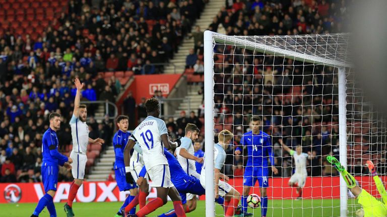 England U21's Jack Stephens (centre) scores his sides third goal of the game during the International Friendly at St Mary's Stadium, Southampton.