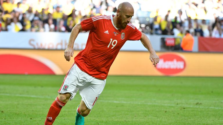 SOLNA, SWEDEN - JUNE 05: James Collins of Wales during the international friendly between Sweden and Wales at Friends Arena on June 5, 2016 in Solna, Swede