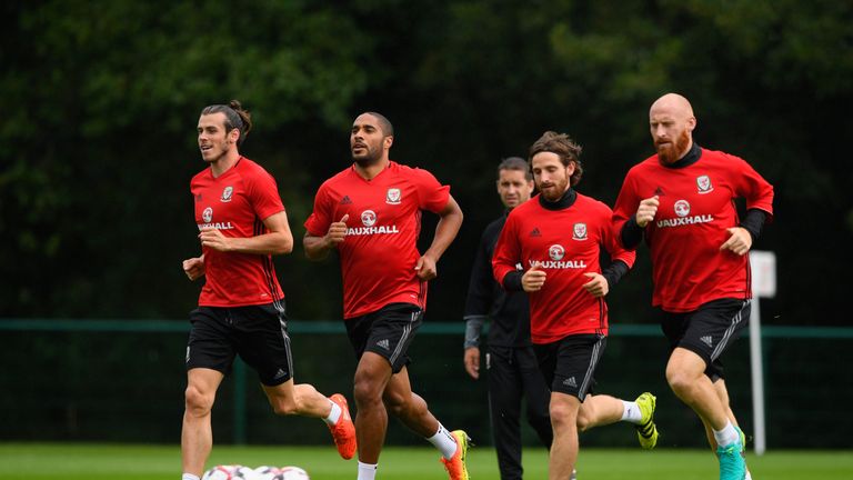 CARDIFF, WALES - AUGUST 31:  Wales players Gareth Bale (l) Ashley Williams, Joe Allen and James Collins (r) in action during Wales training ahead of their 